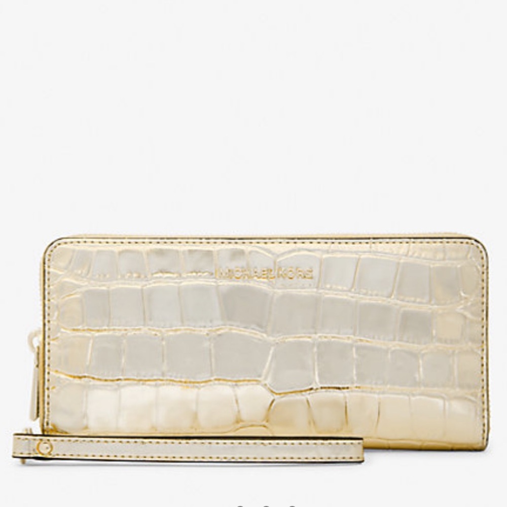 Michael Kors JSet Travel Metallic Crocodile Embossed Leather Continental Wallet